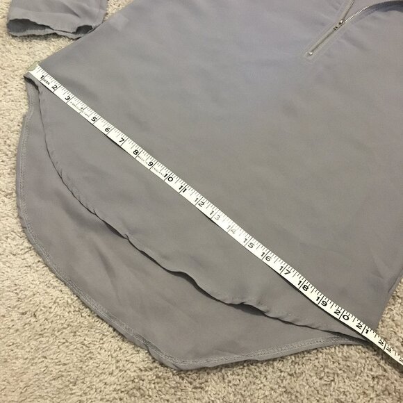 Grey Semi Sheer Lightweight Zip Collar Droptail Hem Blouse - Picture 14 of 16